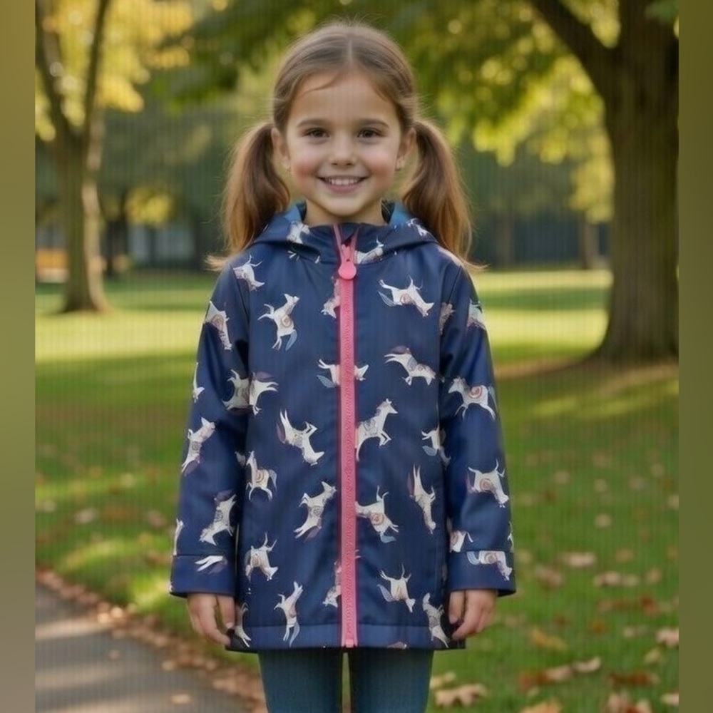 Joules Make It Rain Girls Raincoat With Hood White Horses Flowers Purple Pink